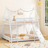 Twin Over Queen Bunk Bed, Wood House Bunk Bed for Kids with Climbing Nets and Ramp