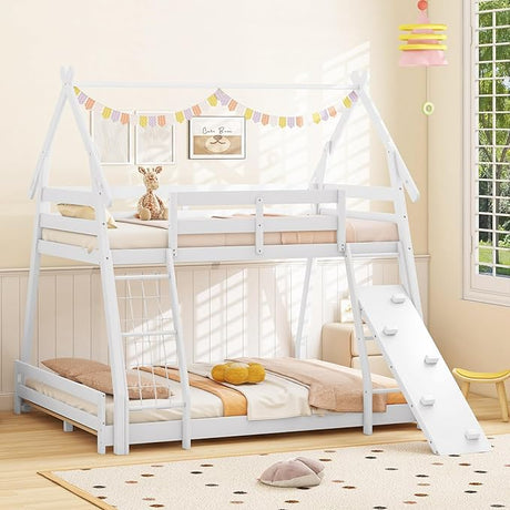 Twin Over Queen Bunk Bed, Wood House Bunk Bed for Kids with Climbing Nets and Ramp