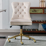 Office Chair Velvet Upholstered Tufted Button Chair with Golden Metal Base Adjustable Desk Chair