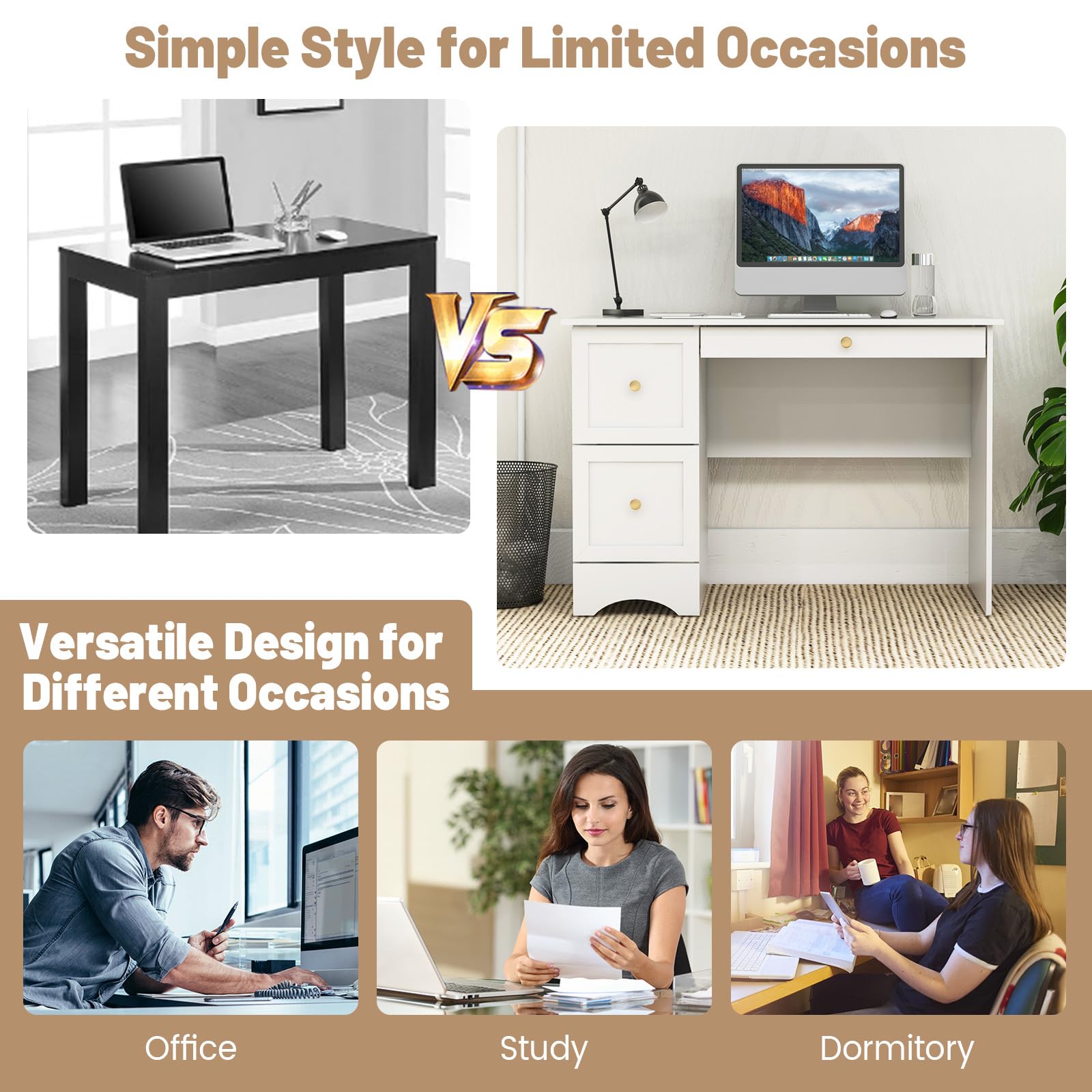 White Desk with 3 Drawers, Wooden Home Office Desk PC Laptop Notebook Desk