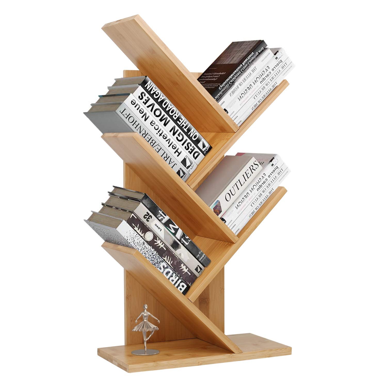 Sorfity Bamboo furniture, Bamboo Book Shelf 4-Tier, Tree Bookcase Free Standing Book Shelves, Modern Corner Bookshelf Organizer for CDs/Albums/Books/Files Holder, for Living Room, Bedroom, Home Office
