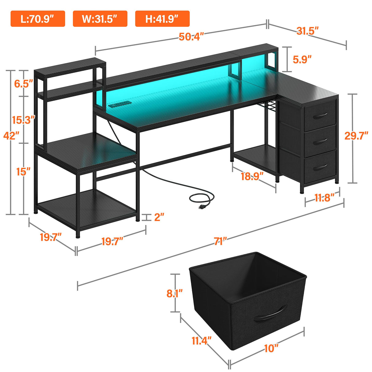 EnHomee 71'W L Shaped Gaming Desk, Computer Desk with Power Outlet & LED Lights, Reversible Gaming Desk with Storage Shelves, Office Desk with Monitor Shelf, Corner Desk, Black, 71'Wx42'Hx31.5'D