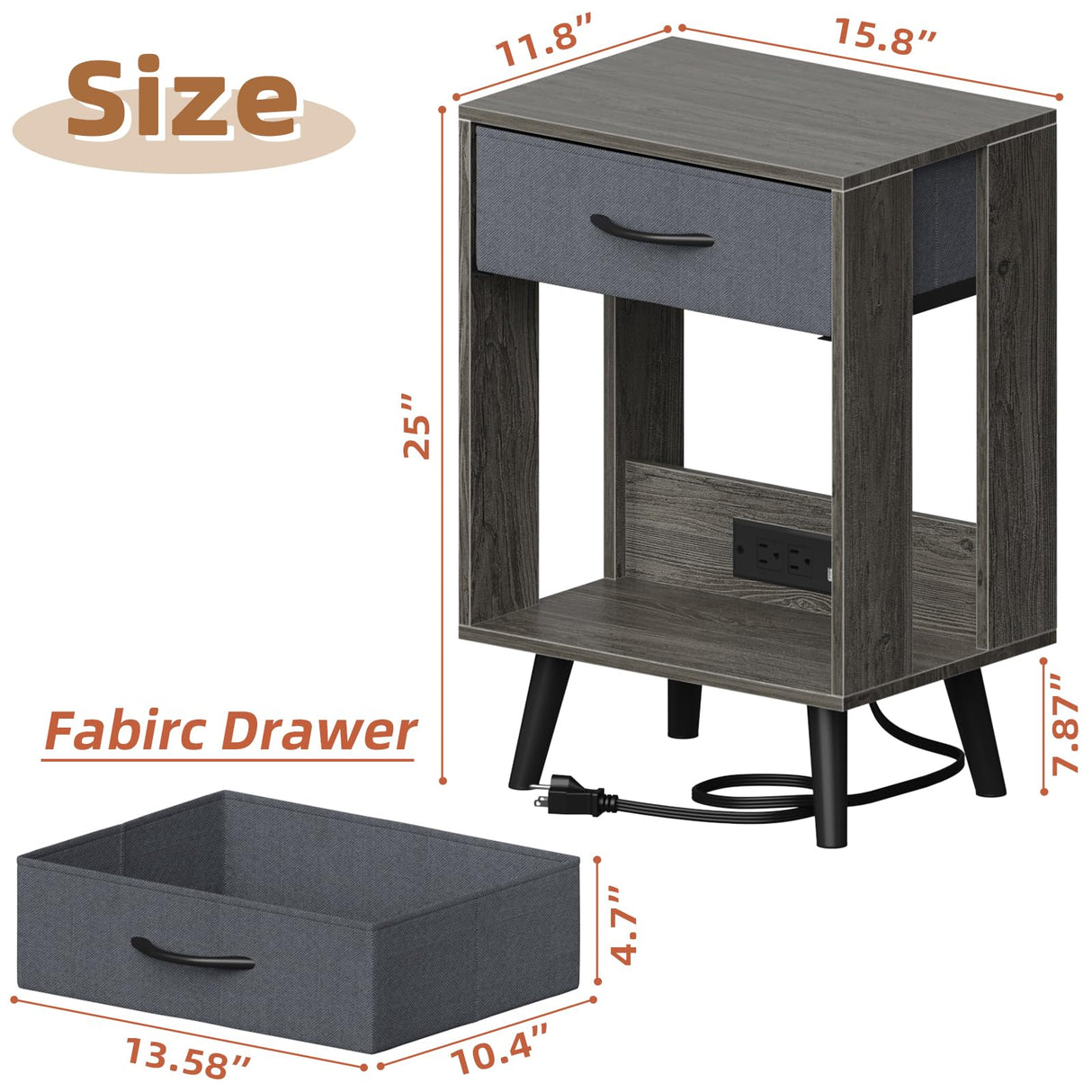 Nightstands Set of 2 with Black Fabric Storage Drawer and Open Wood Shelf,