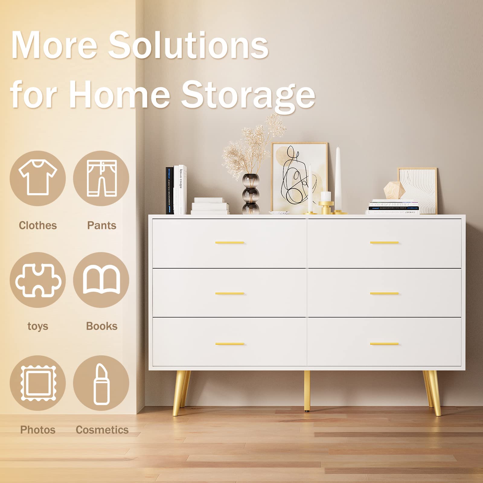 White 6 Drawer Dresser for Bedroom, Wooden White Double Dresser with Gold Handles