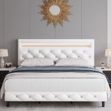 Modern Upholstered Queen Bed Frame with LED Lights, Faux Leather Low Profile Platform