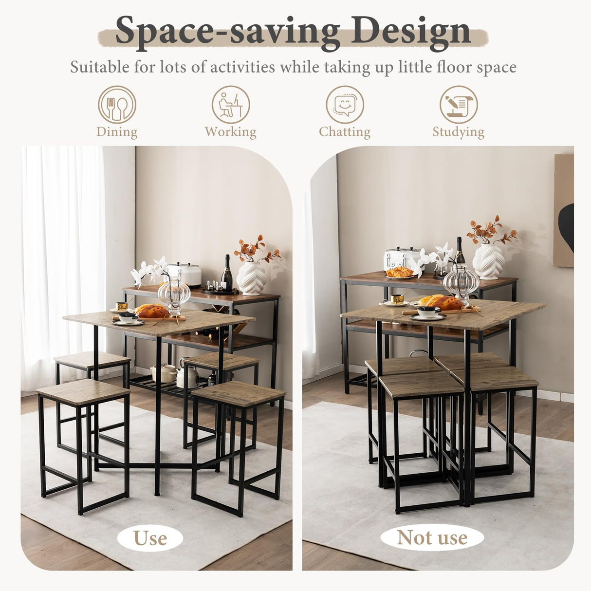 5 Piece Dining Table Set, Industrial Kitchen Table Set w/ 4 Stools,