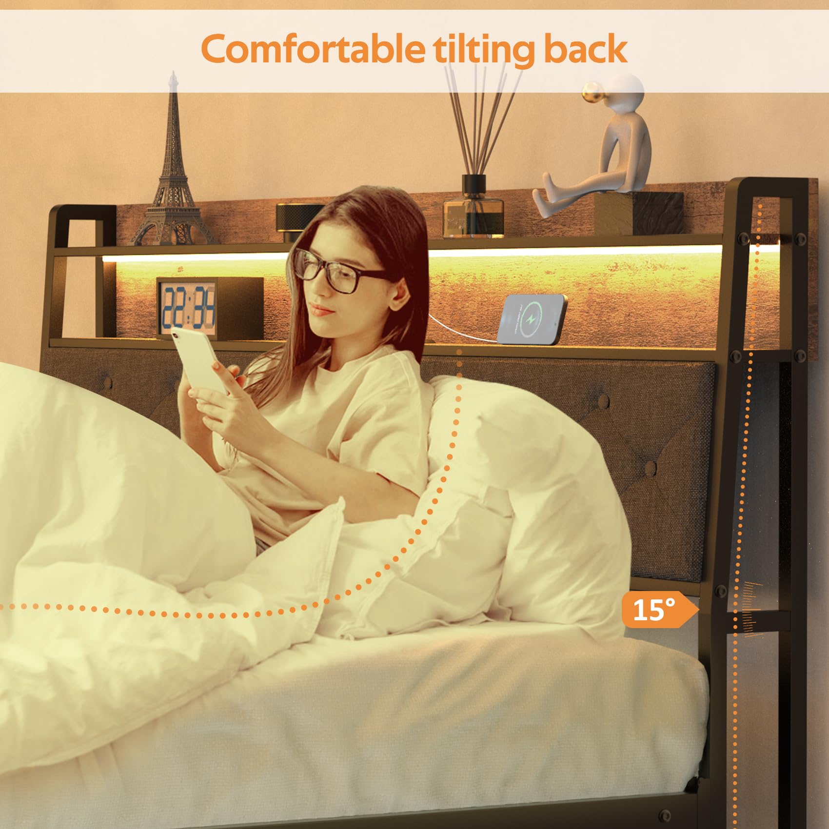 Full Bed Frame with Ergonomic Headboard, Platform Bed Frame with RGB Lights