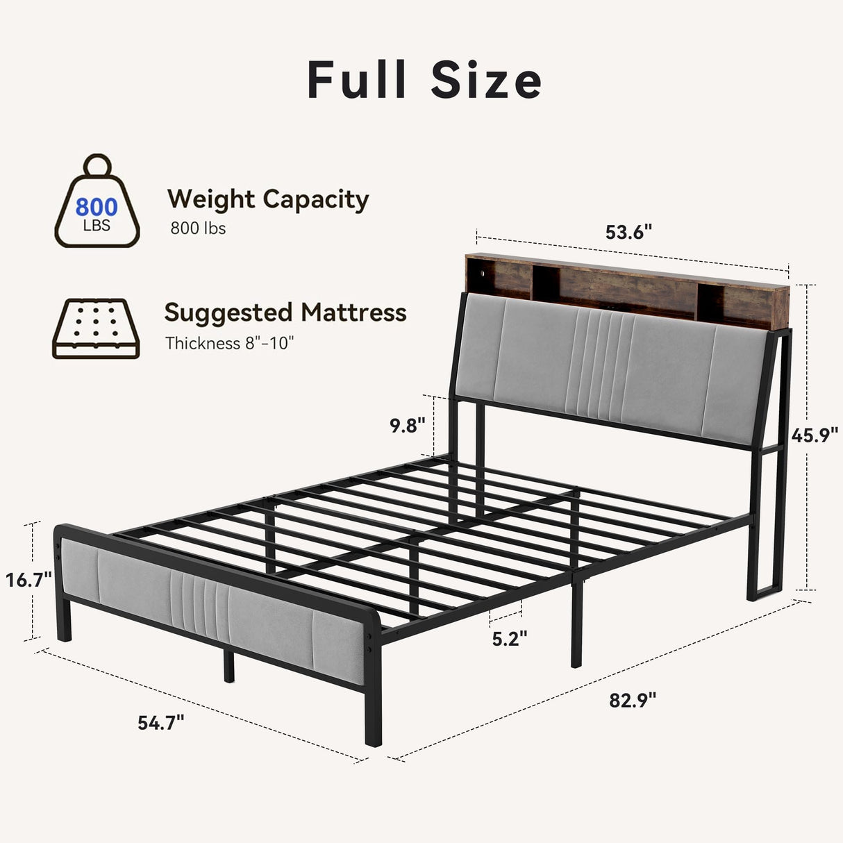 Full Size Upholstered Platform Bed with LED Lights and Charging Station