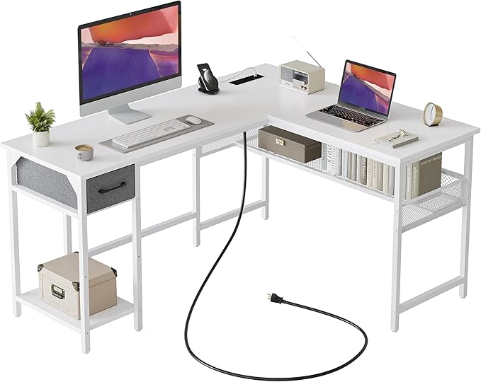 L Shaped Desk with Power Outlets, Computer Desk with Drawer, Reversible Corner Desk