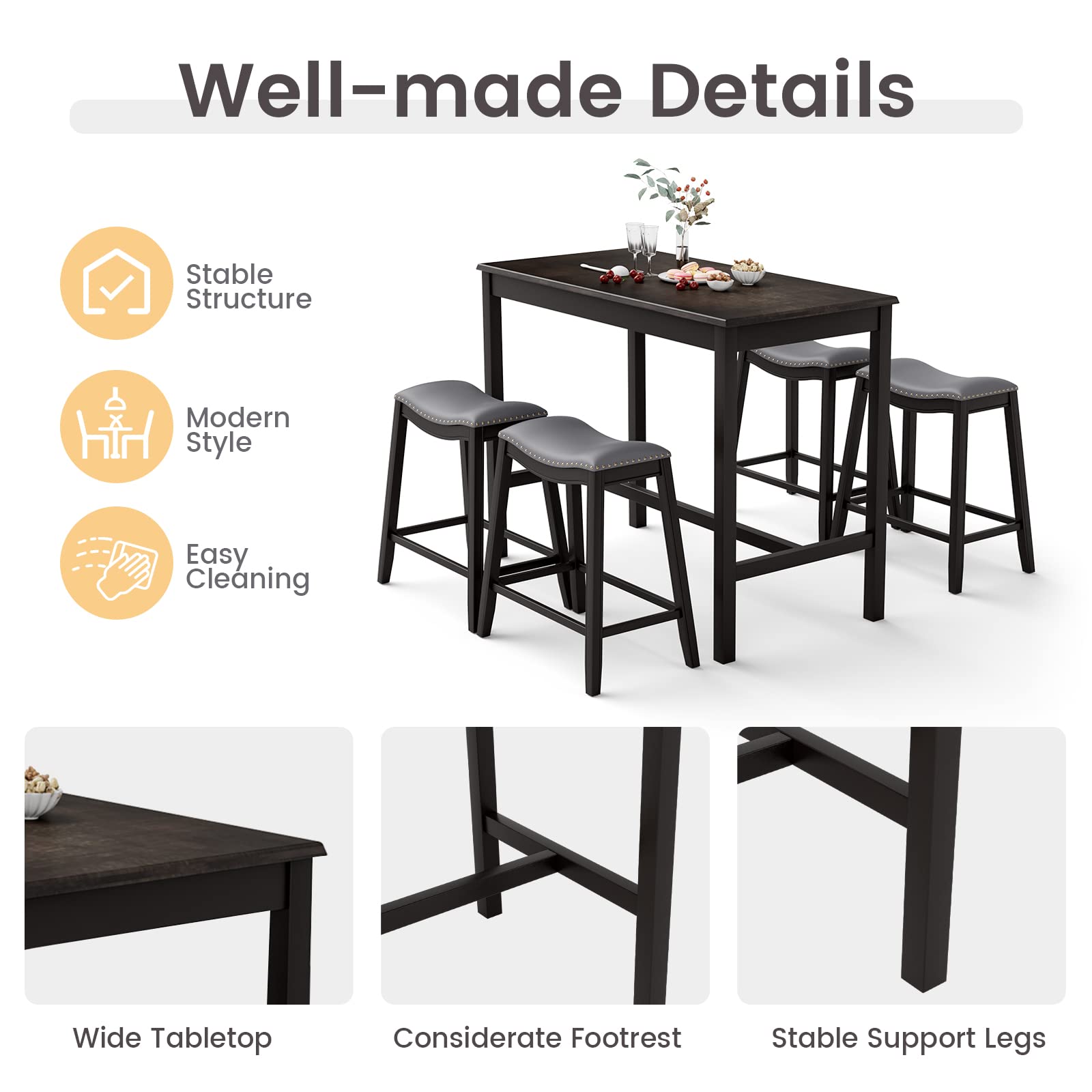 5 Pieces Bar Table Set, Bistro Table Set for 4, Counter Height Pub Table
