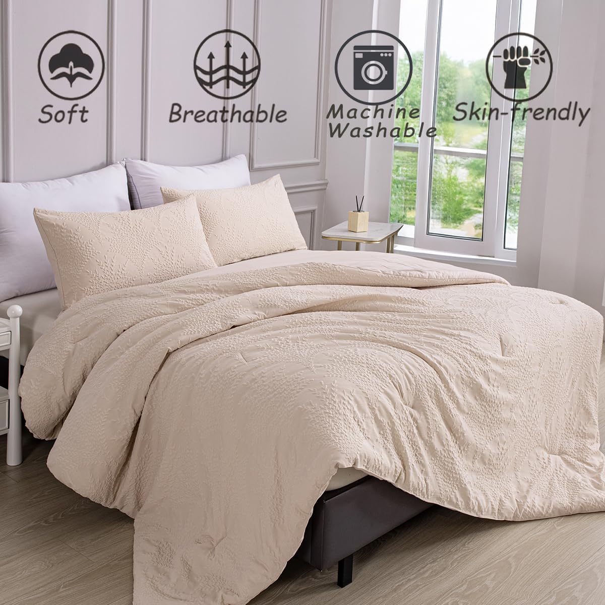 Beige Jacquard Comforter Set King Size - 3 Piece Bohemian Bedding