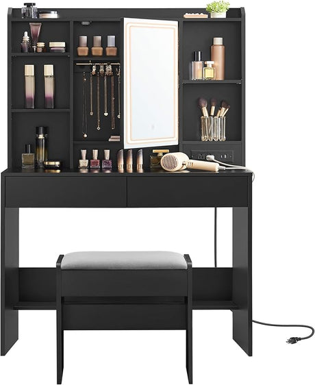 Desk with Power Outlets, Makeup Vanity with Mirror and Lights, Upholstered Vanity Stool,