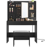 Desk with Power Outlets, Makeup Vanity with Mirror and Lights, Upholstered Vanity Stool,