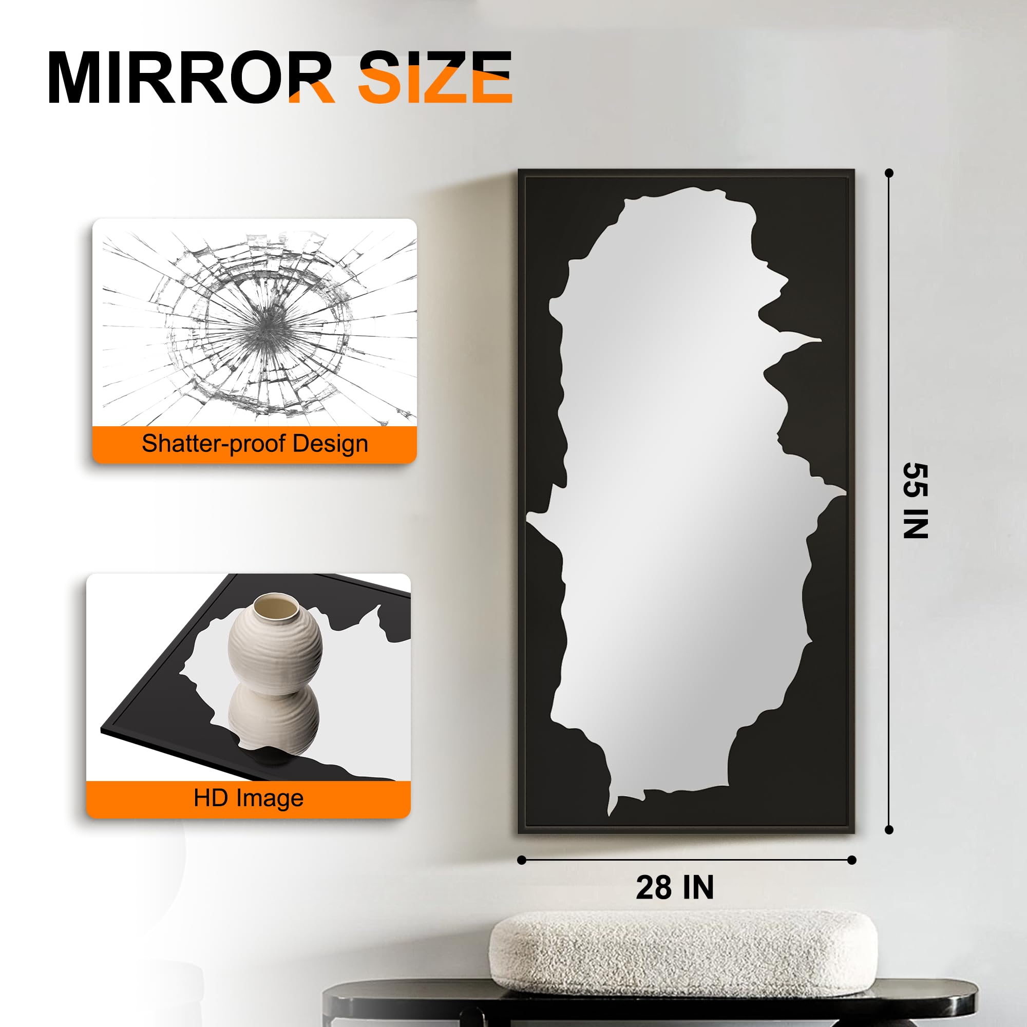 Full-Length Mirror Free Standing Leaning Mirror with Artistic Black Abstract Overlay Deco, 55"x28" Shatterproof Wall-Mounted Mirror, Perfect for Living Room, Bedroom, Cloakroom, and Bathroom Decor