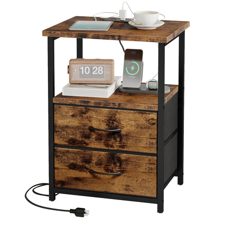 Night Stand with Charging Station, Nightstand with Fabric Drawers, Bedside Table with Storage for Bedroom, Rustic Brown