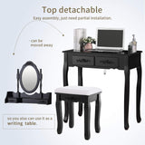 Table,Makeup Dressing Table with Oval Mirror,Bedroom Vanity Set w/Cushioned Stool 4 Drawers Women Girls Kids Black