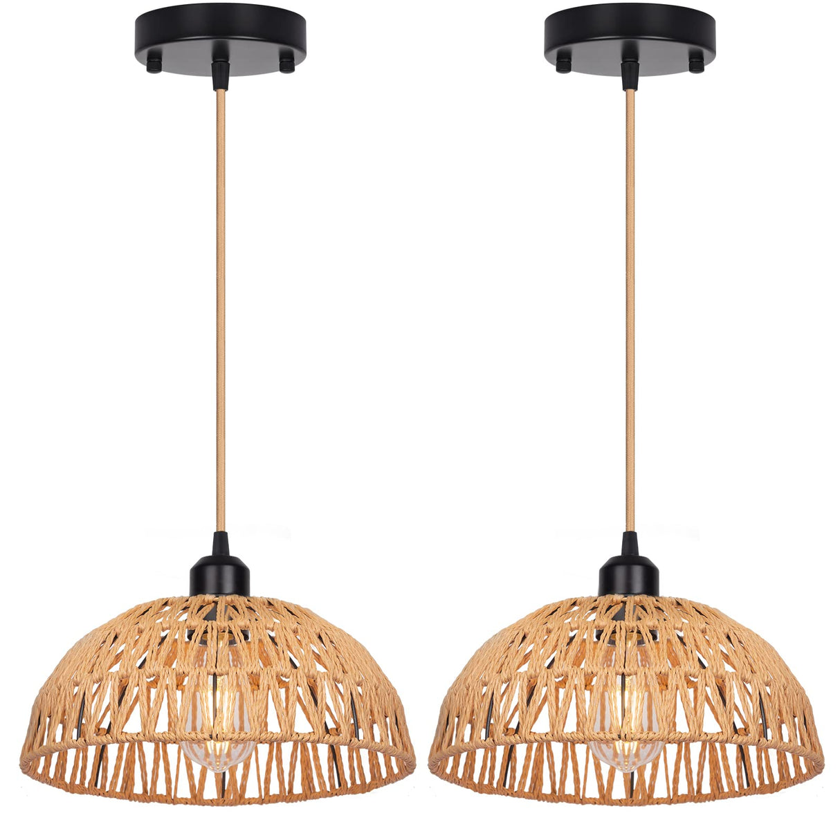 Rattan Pendant Light Fixtures 2 Packs, Boho Woven Basket Pendant Light, Handmade