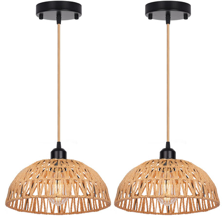 Rattan Pendant Light Fixtures 2 Packs, Boho Woven Basket Pendant Light, Handmade