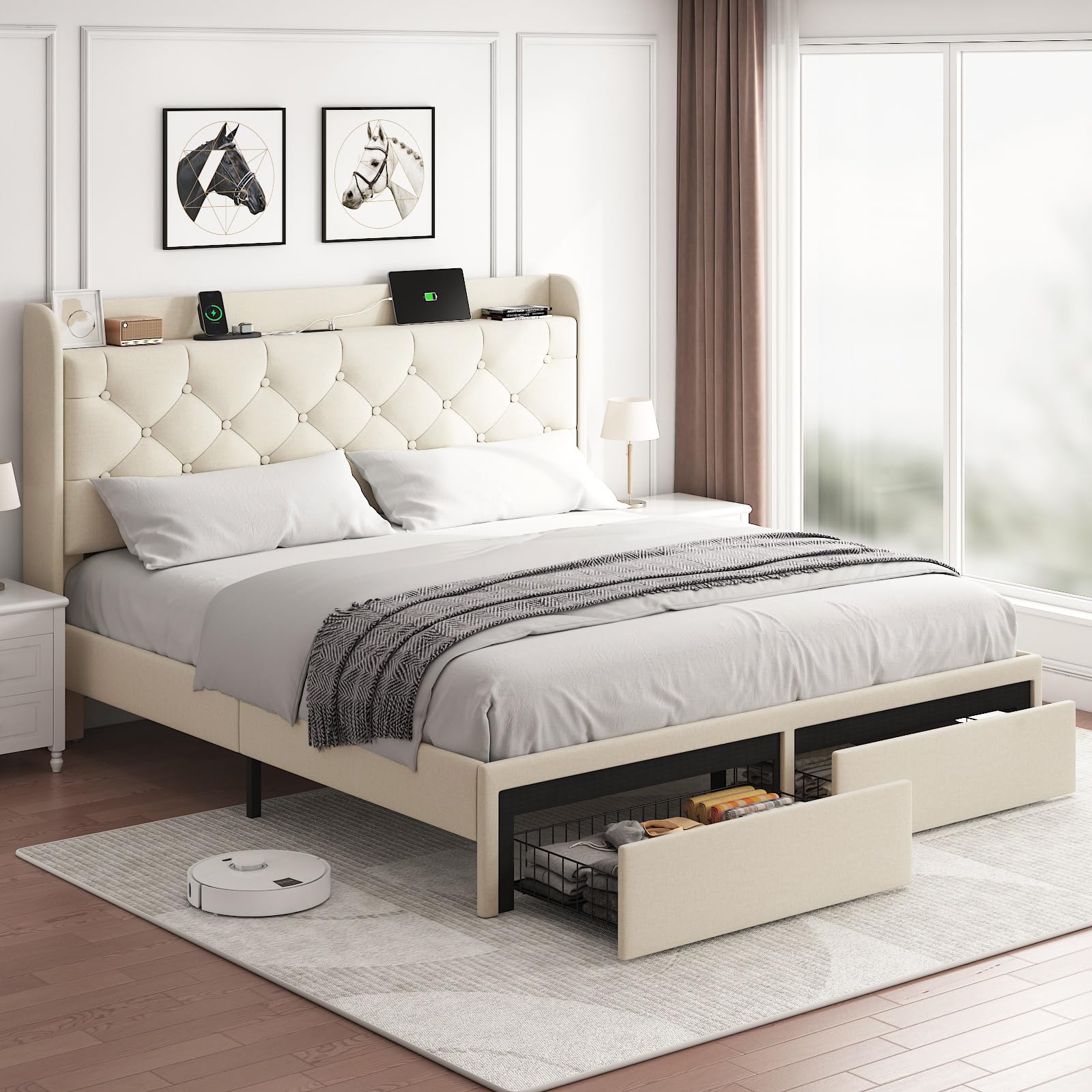 Queen Size Bed Frame with Storage Headboard and Drawers