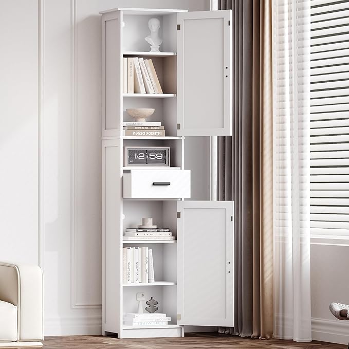 69“ Tall Bathroom Cabinet Features 2 Doors, 1 Open Shelf Drawer