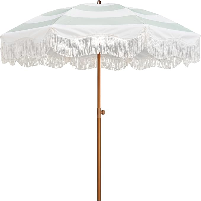 Boho Fringe Umbrella Outdoor Patio, 6.5ft UPF50+ Picnic Umbrella with Tassels