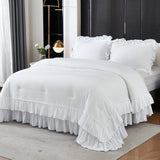 = White Comforter Set Queen Size, Lightweight Fluffy Farmhouse White Ruffle=