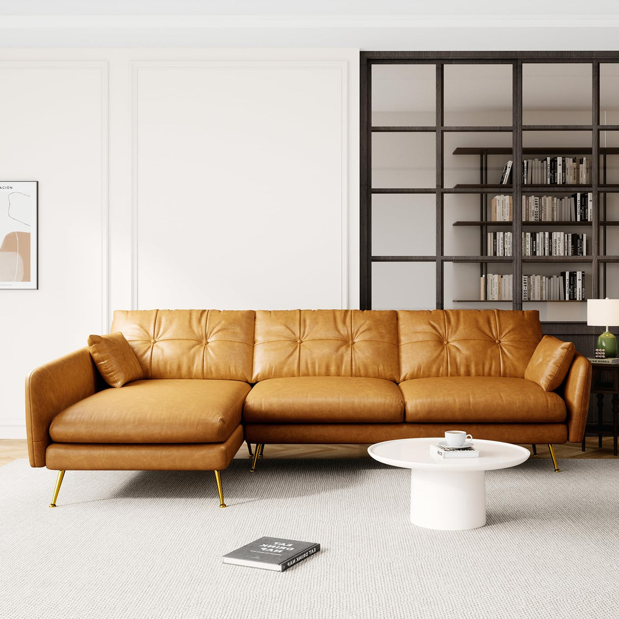 Faux Leather L Shaped Sectional Couch,Left-Facing Sectional Leather Down Fill Sofa