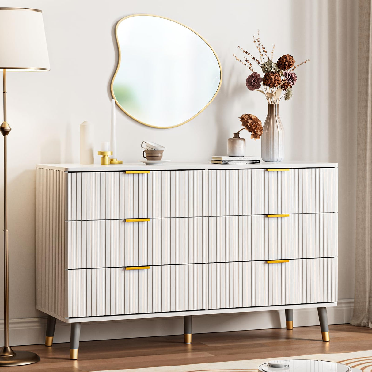 White Dresser, Fluted White and Gold Dresser for Bedroom, 6 Drawer Dresser with Curved