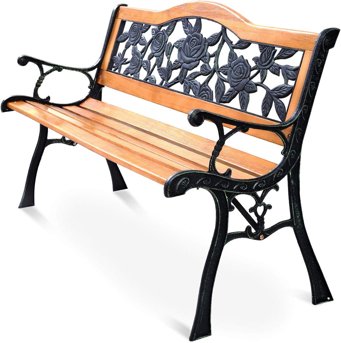 Outdoor Garden Bench, Patio Bench with Large Rose Cast Backrest & Comfort Wood Seat