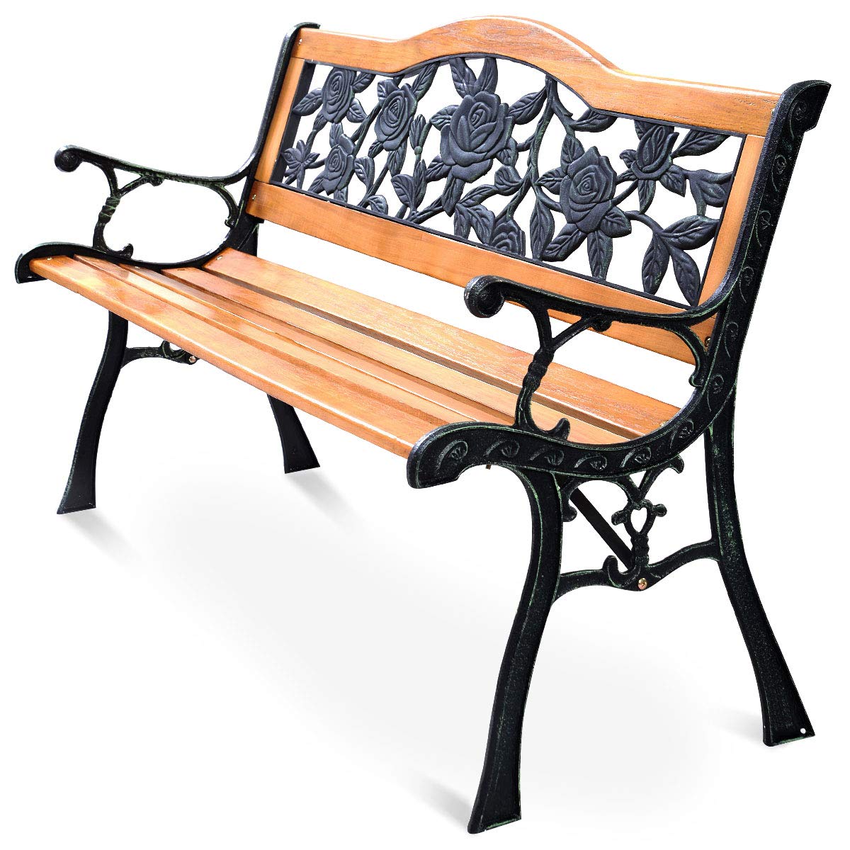 Outdoor Garden Bench, Patio Bench with Large Rose Cast Backrest & Comfort Wood Seat