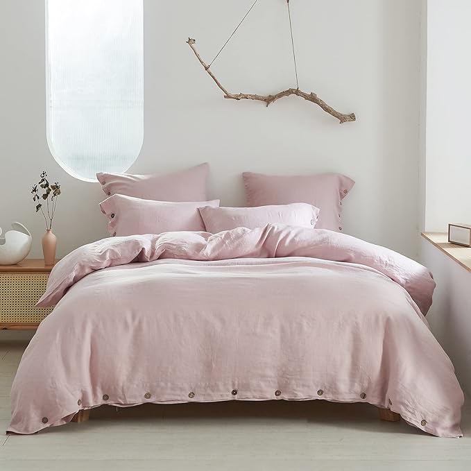 100% Linen Duvet Cover Set 2pcs with Coconut Button Closure Natural French Washed
