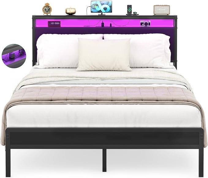 Queen Size Bed Frame with Charging Station and Led Lights, Industrial Metal Platform Bed with Storage Headboard, Steel Slat Support, No Box Spring Needed, Noise-Free, Easy Assembly, Black