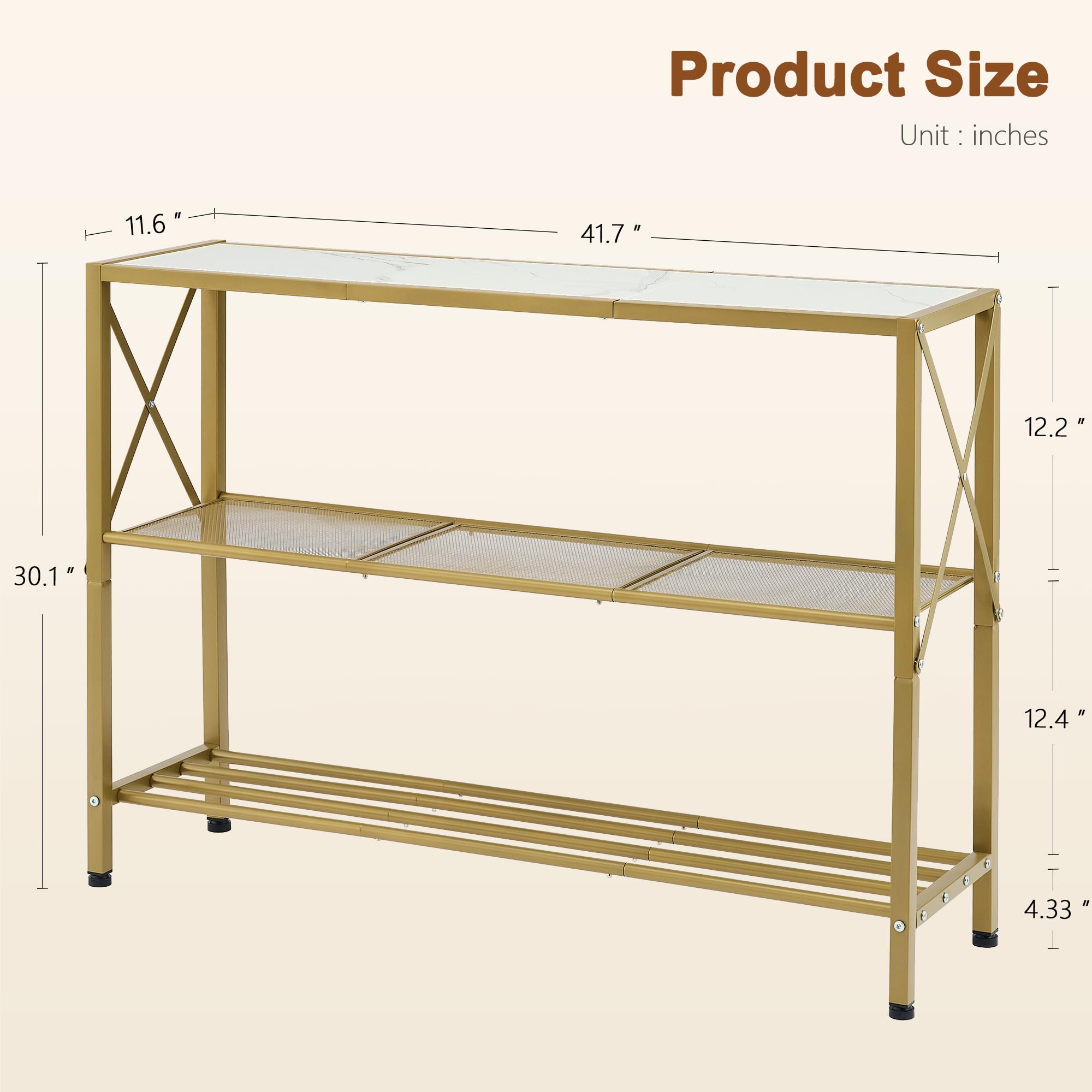 Gold Console Table, 3 Tier Entryway Table, Hallway Table, Narrow Sofa Table with Shelves