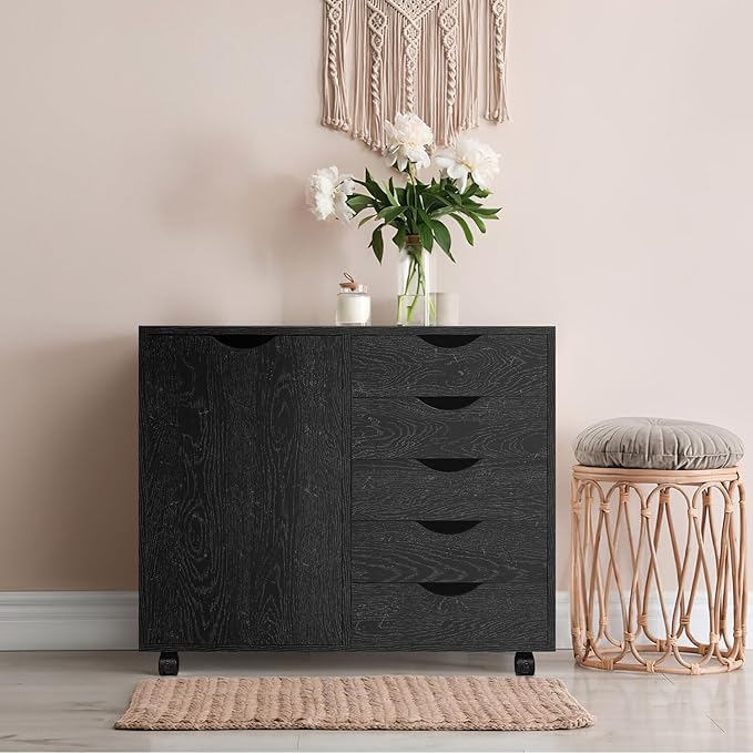 Amy 5 Drawer Chest, Wood Storage Dresser Cabinet with Wheels