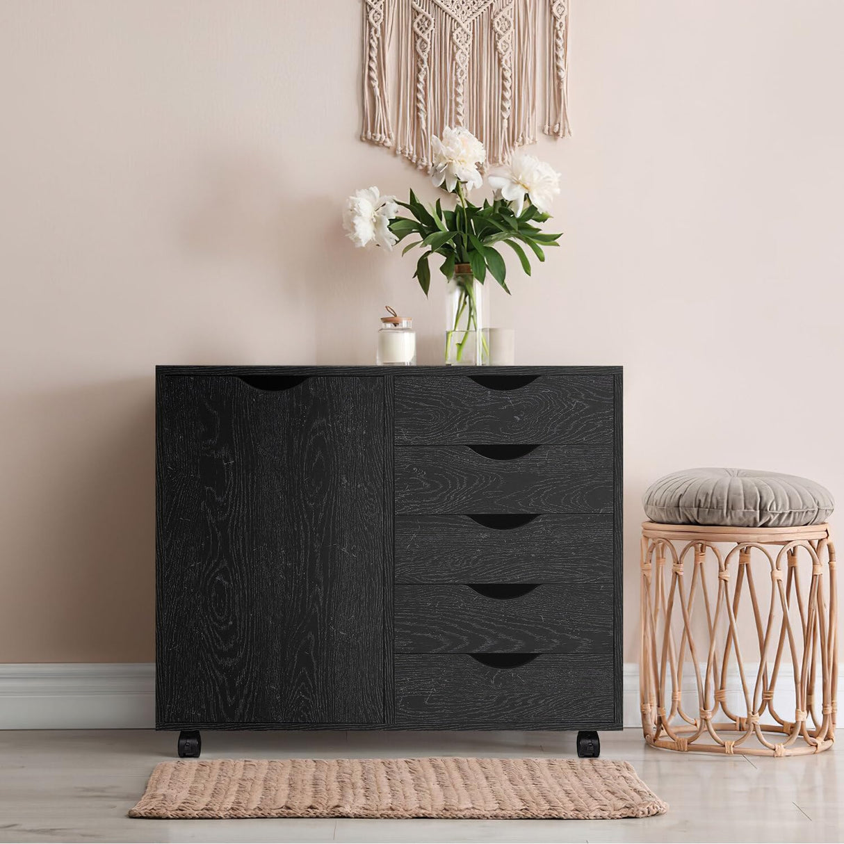 Amy 5 Drawer Chest, Wood Storage Dresser Cabinet with Wheels