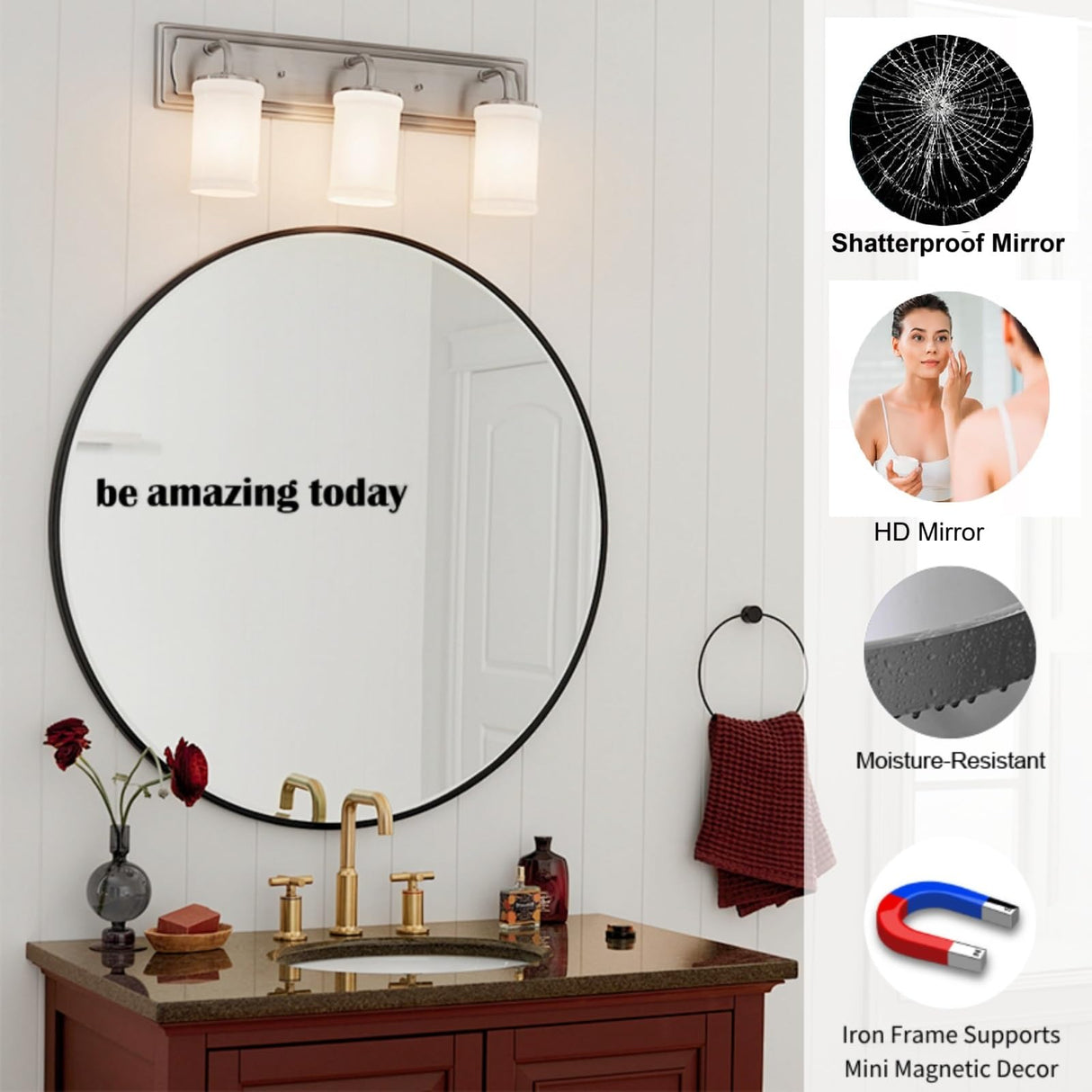 30 Inch Black Round Bathroom Mirror - Modern Metal Frame Wall Mirror