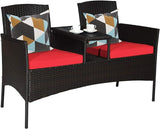 Outdoor Rattan Loveseat, Patio Conversation Set with Cushions & Table