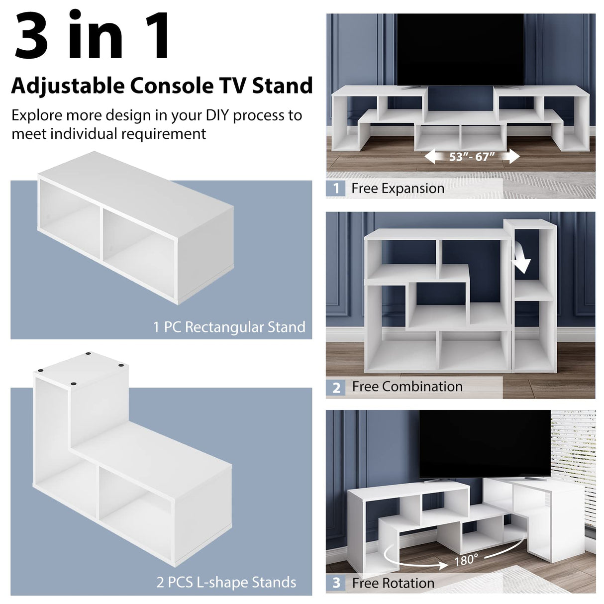 3 Pieces Console TV Stand, Free-Combination Entertainment Center for 50 55 60 65 Inch Tv