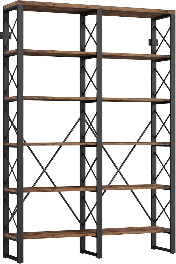Bookshelf Double Wide 6-Tier 76" H, Open Large Bookcase, Industrial Style Shelves, Wood and Metal Bookshelves for Home Office, Easy Assembly