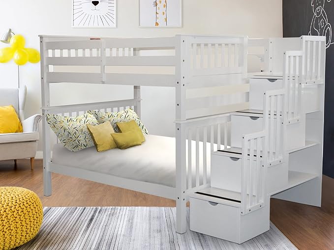 Stairway Bunk Beds Full over Full with 4 Drawers in the Steps, White