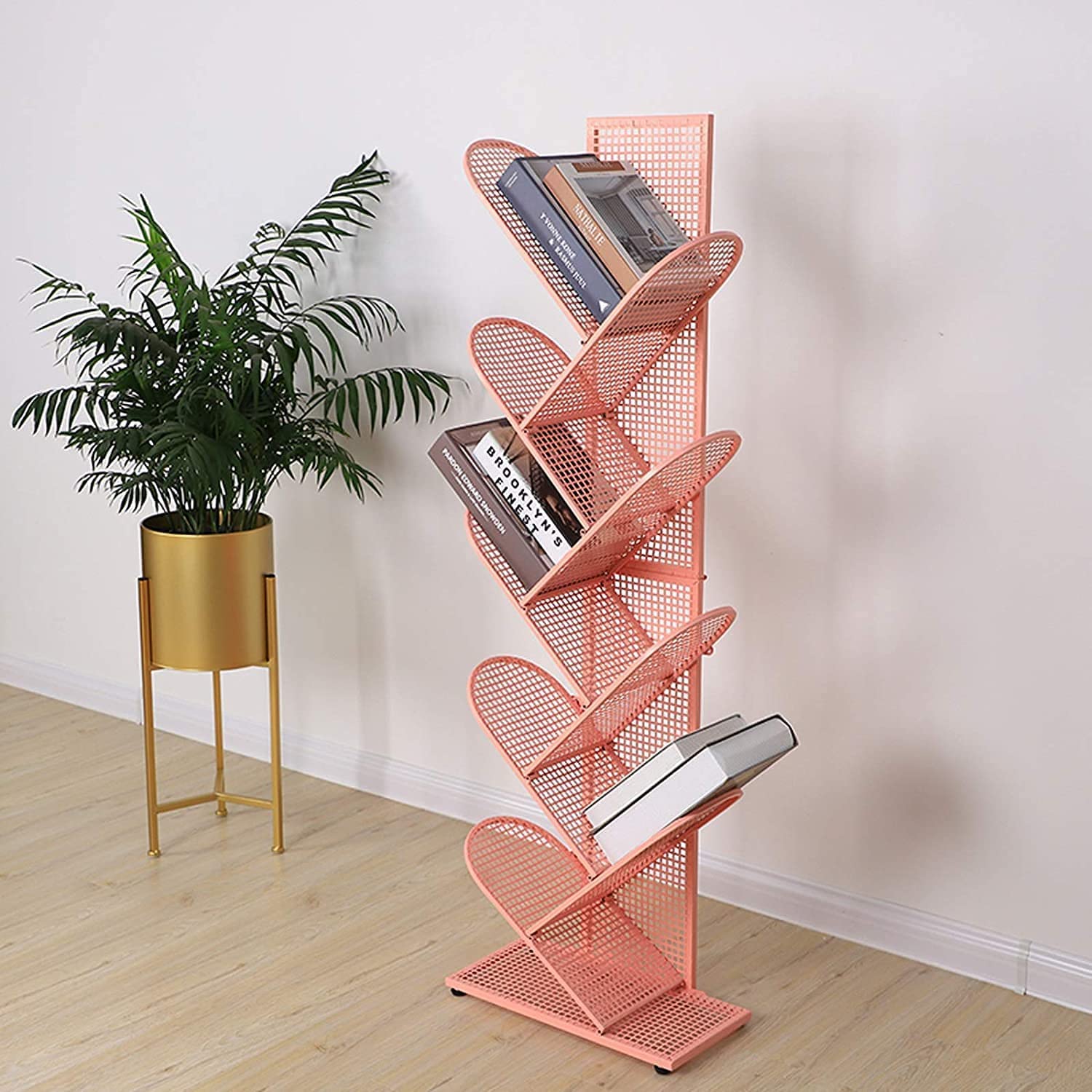 Bookshelf Bookcase With Cabinet 9-Tier Tree Bookshelf Compact Storage Rack Metal Grid Standing Bookcase Small Space Book Shees Rack Books Holder Organizer ( Color : Pink , Size : 40.5*22*127cm