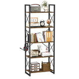 Bookshelf 5 Tier Tall Bookcase Shelf, Book Case Wood Industrial Rustic Standing Bookshelves with Storage Hooks Modern Wide Metal Ironck Book Cases Open Shelves for Bedroom Living Room Office CDs Brown