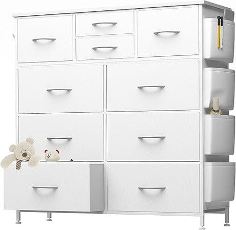 Dresser for Bedroom with 10 Drawers, Chest of Drawers with Side Pockets, Hooks