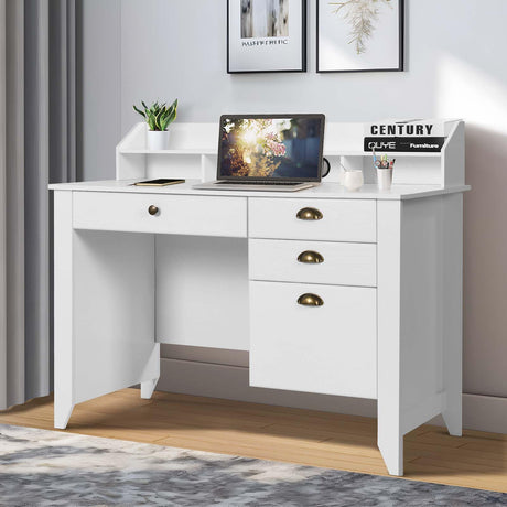 White Desk with Drawers, 47 Inch Home Office Computer Desk with File Drawers Student Girls Desks Teens Writing Table with Hutch, Small Desk with Drawer for Bedroom, White