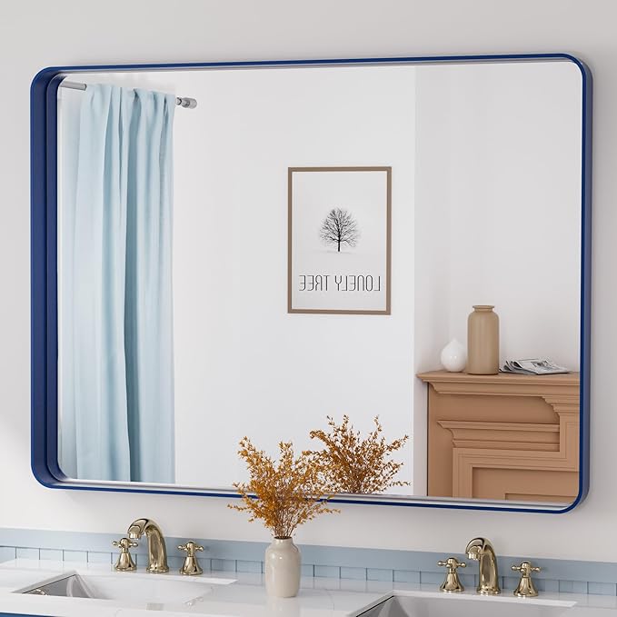 Bathroom Mirror, Champagne Gold Brushed Metal Framed Modern Vanity