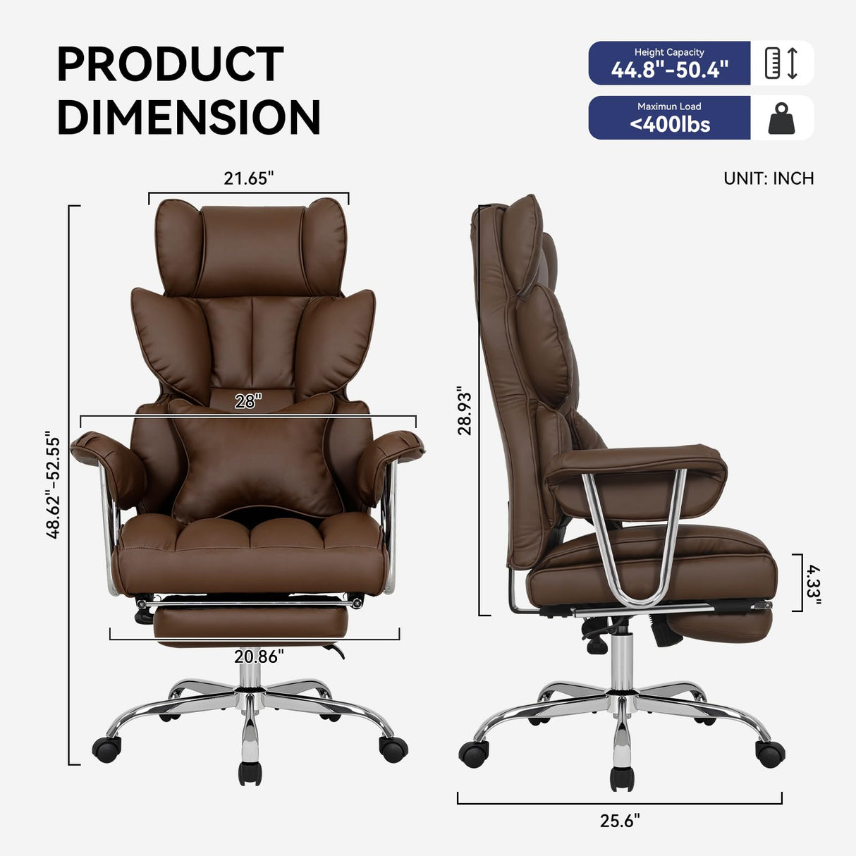 Big and Tall Office Chair 400lbs PU Leather Computer Chair with Footrest and Lumbar Support Executive Chair Swivel Chair Desk Chair Adjustable Height & Reclining Backrest Brown
