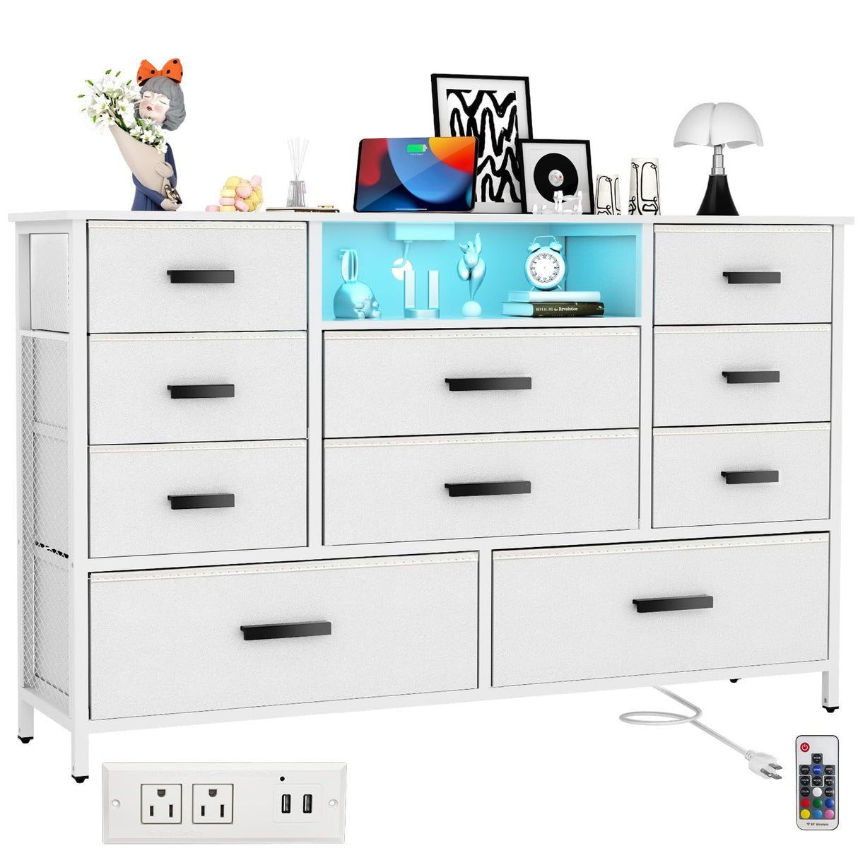 White Dresser for Bedroom with 10 Drawers, Dresser with Charging Station, TV Stand