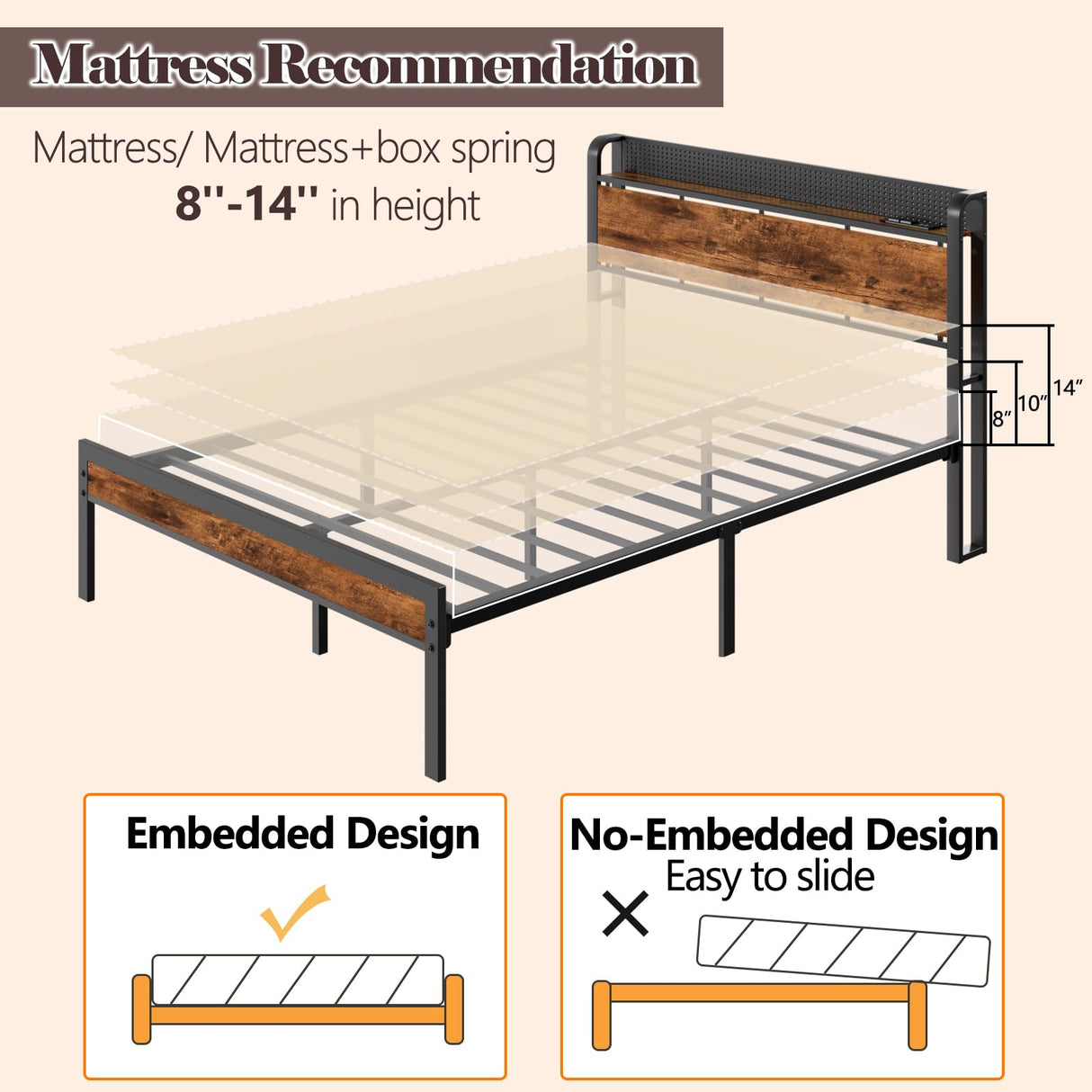 Furnulem Bed Frame with Charging Station and LED Lights,Industrial Platform Beds Queen Size with Storage Headboard,USB Port,Rustic Wood and Strong Metal Support,No Box Spring Needed, Noise Free