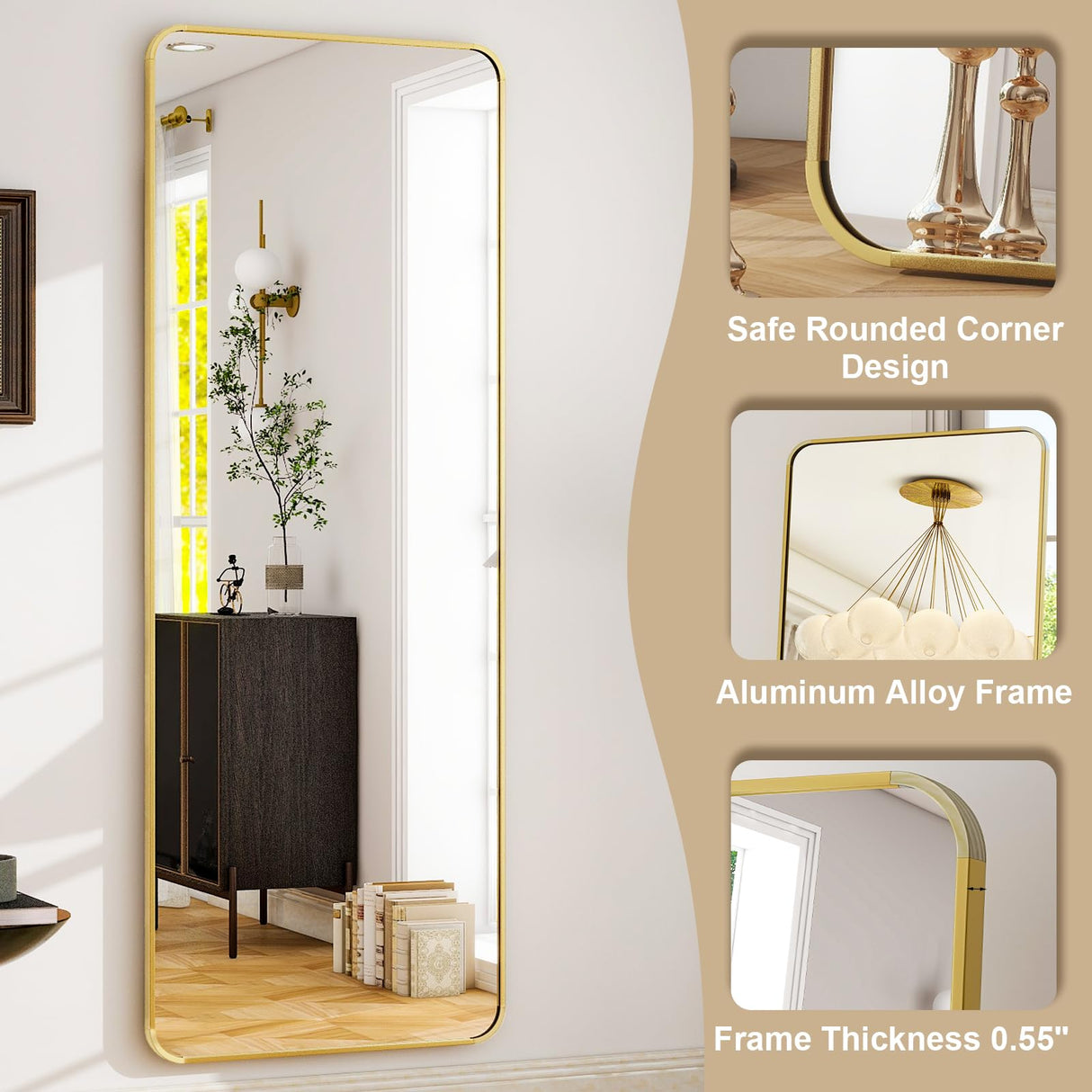 HARRITPURE 21" x64“ Rounded Full Length Mirror Aluminum Frame Gold Mirror Full Length Floor Mirror with Stand for Living Room Bedroom Cloakroom