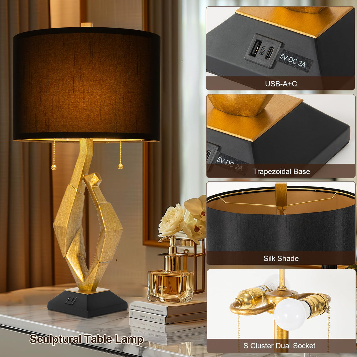 Table Lamp Set of 2 with USB Ports For Living Room, Gold Leaf Finish Farmhouse Bedside